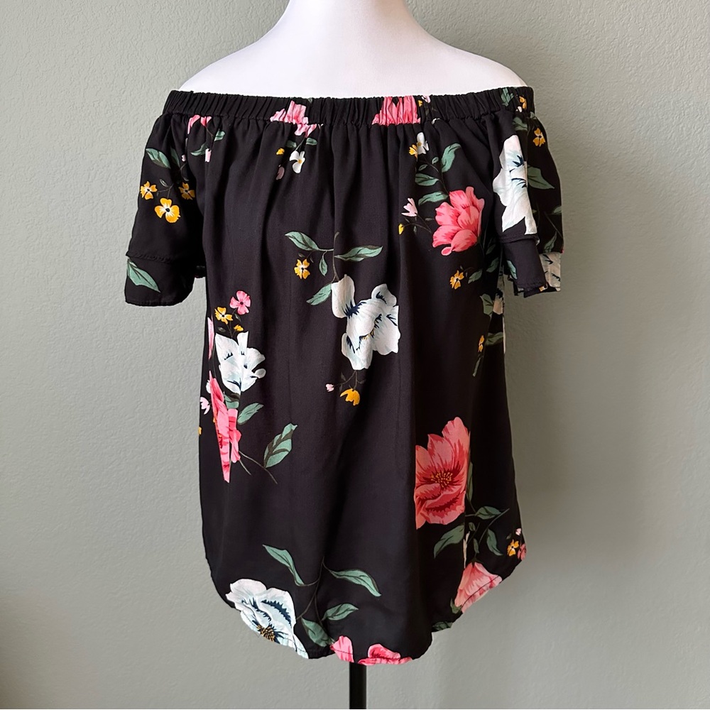 Black Floral Off-the-Shoulder Blouse